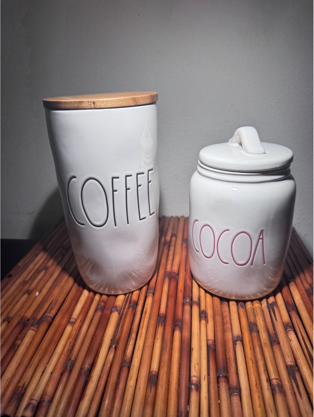 Rae Dunn COFFEE & COCOA Canister Set Artisan Collection Magenta Bamboo & Ceramic
